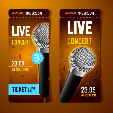 vektör çizim turuncu müzik konser bilet tasarım şablonu ile mikrofon ve serin grunge efektler arka planda