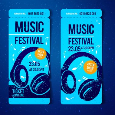 vektör müzik festivali mavi bilet tasarım şablonu grunge efektler ve kulaklık ile