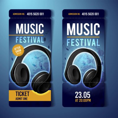 vektör müzik festivali mavi bilet tasarım şablonu grunge efektler ve kulaklık ile
