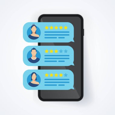 Cep telefonu, akıllı telefon iyi ve kötü oranı ile yıldız kabarcık konuşmalar değerlendirme vektör çizim geribildirim gözden geçirme 
