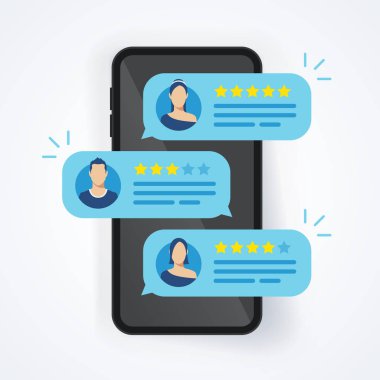Cep telefonu, akıllı telefon iyi ve kötü oranı ile yıldız kabarcık konuşmalar değerlendirme vektör çizim geribildirim gözden geçirme 