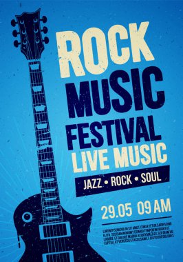 vektör illüstrasyon mavi rock festivali konser parti el ilanı veya poster tasarım şablonu gitar, metin ve arka plan serin etkileri için yer ile