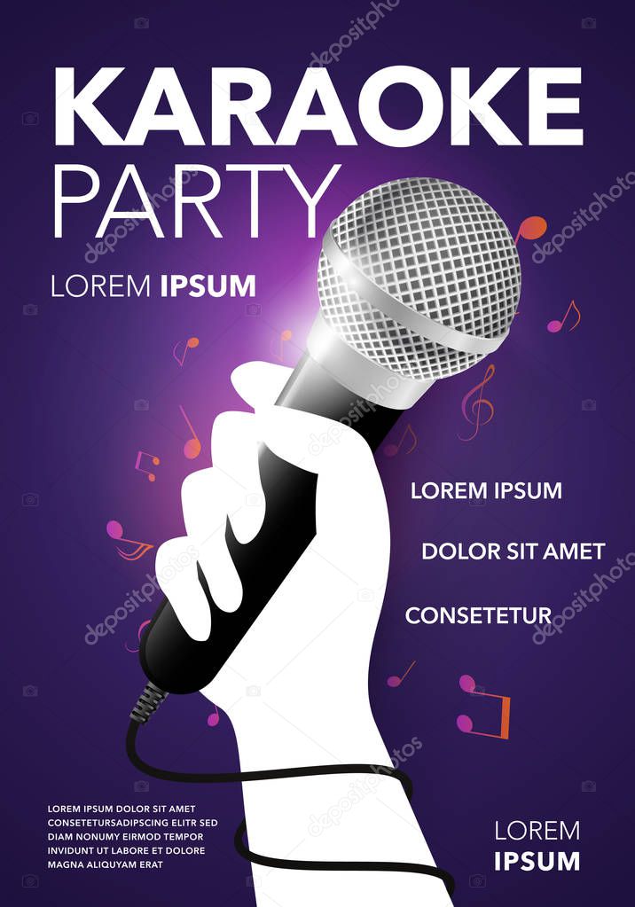 Vector karaoke party invitation flyer poster banner design template. Silhouette of Hand with microphone on abstract dark background. Concept for a night club advertising.