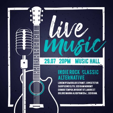 Vektör İllüstrasyonu afiş bir akustik gitar ve konser, canlı müzik ve parti için bir mikrofon ile