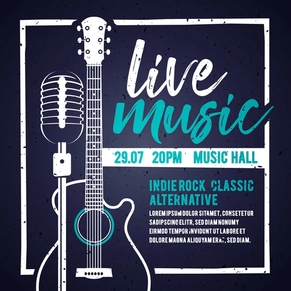 Vektör İllüstrasyonu afiş bir akustik gitar ve konser, canlı müzik ve parti için bir mikrofon ile