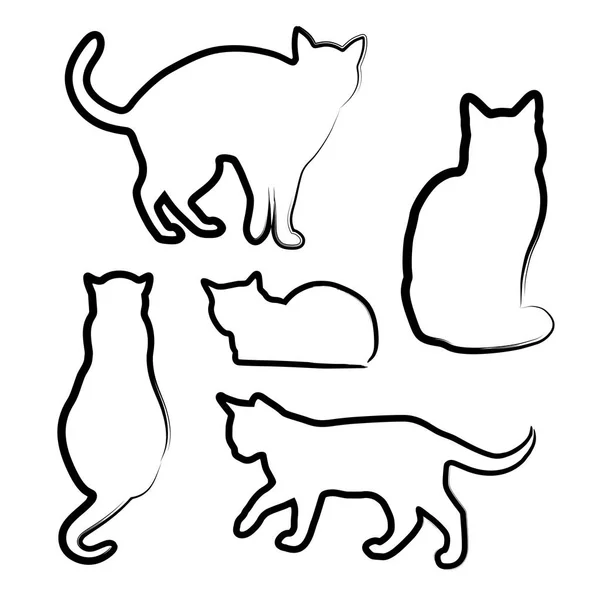 Ilustração Vetorial Gatos Artesanais Silhueta Conjunto Design Gato Linear Preto —  Vetores de Stock