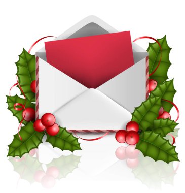 Kırmızı holly berry, yaprak yeşil, kırmızı kurdele ve beyaz arka plan üzerinde izole kırmızı kağıt zarf Noel için. Vektör çizim Noel ya da kış tatili için-davetiye, tebrik veya mektup için tasarım şablonu