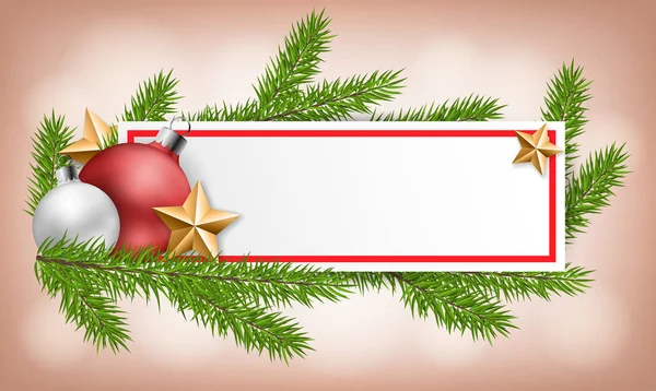 Різдвяний Горизонтальний Банер Паперовою Рамкою Сосновою Гілкою Золотою Зіркою Різдвяними — стоковий вектор