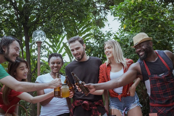 Cheers, Group of people cheering with beer for drinking in natur