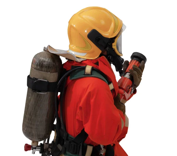 Firefighter with mask wearing safety suite and holding extinguis — Stock Photo, Image