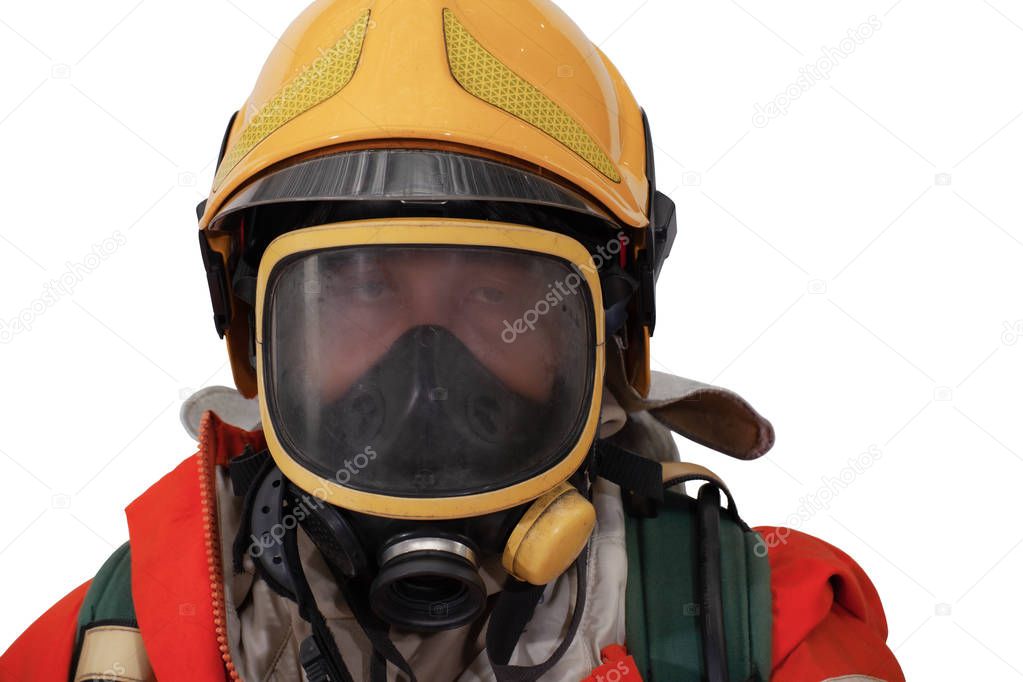 Firefighter with mask standing alone wearing safety suite as for