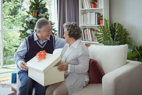 Happy couple old elderly senior man and woman open big gift box, happy with smiling together at home, retirement and healthcare lifestyle and lover concept