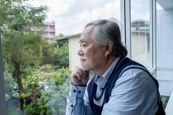 Retrato Anciano Hombre Mayor Asiático Con Pelo Gris Mirando Por — Foto de Stock