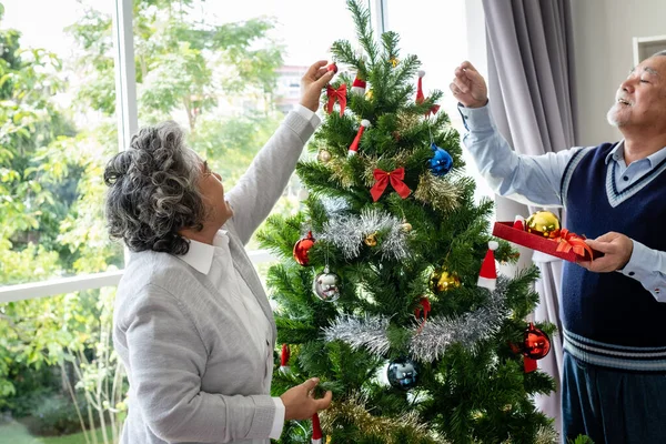 Casal Homem Idoso Mulher Feliz Com Sorriso Ajudar Preparar Presente — Fotografia de Stock