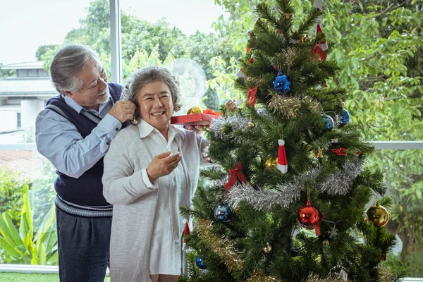 Pár Idős Férfi Boldog Mosollyal Segít Előkészíteni Ajándék Vagy Díszíteni — Stock Fotó