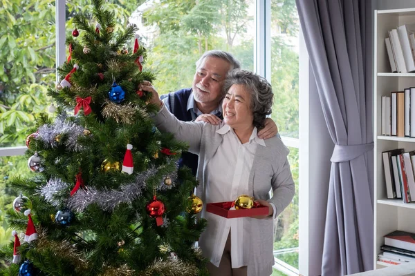 Pareja Anciano Hombre Mujer Feliz Con Sonrisa Ayudar Preparar Regalo —  Fotos de Stock