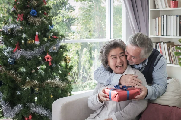 Couple Amour Homme Âgé Donner Cadeau Femme Heureuse Avec Sourire — Photo