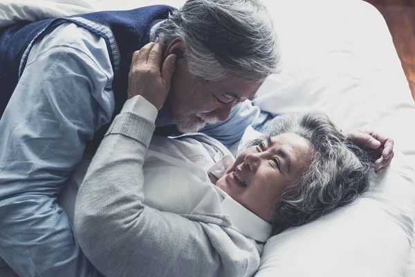 Elderly Couple Caucasian Lovely Senior Man Woman Sleep Bed Smiling — Stock Photo, Image