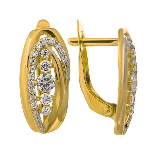 Aranyból Készült Fülbevalók Gyémántokkal Cirkóniumkockákkal Smaragdokkal Drágakövekkel — Stock Fotó