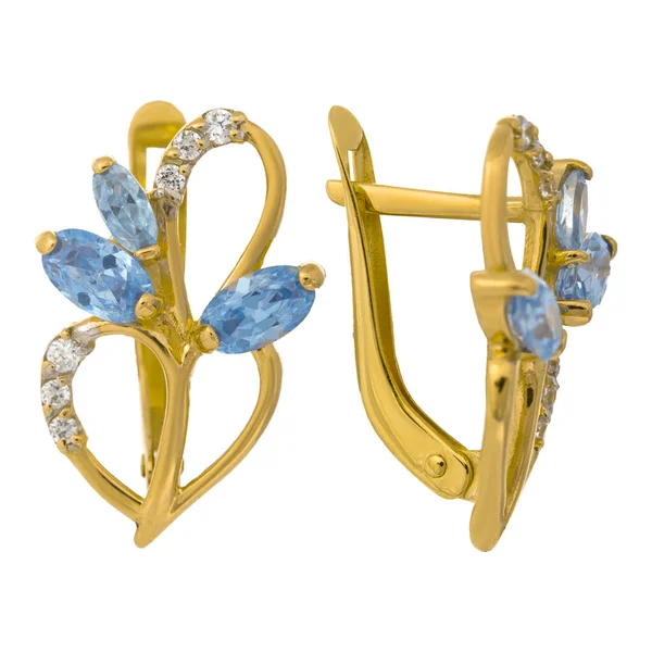 Brincos Feitos Ouro Com Diamantes Zircônia Cúbica Esmeraldas Pedras Preciosas — Fotografia de Stock
