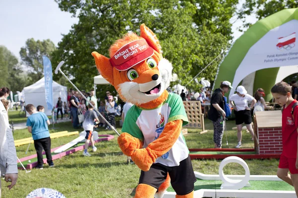 波兰华沙 5月25日 2019年5月25日 在波兰华沙 福克斯奥运吉祥物在奥林匹克野餐上行走 — 图库照片