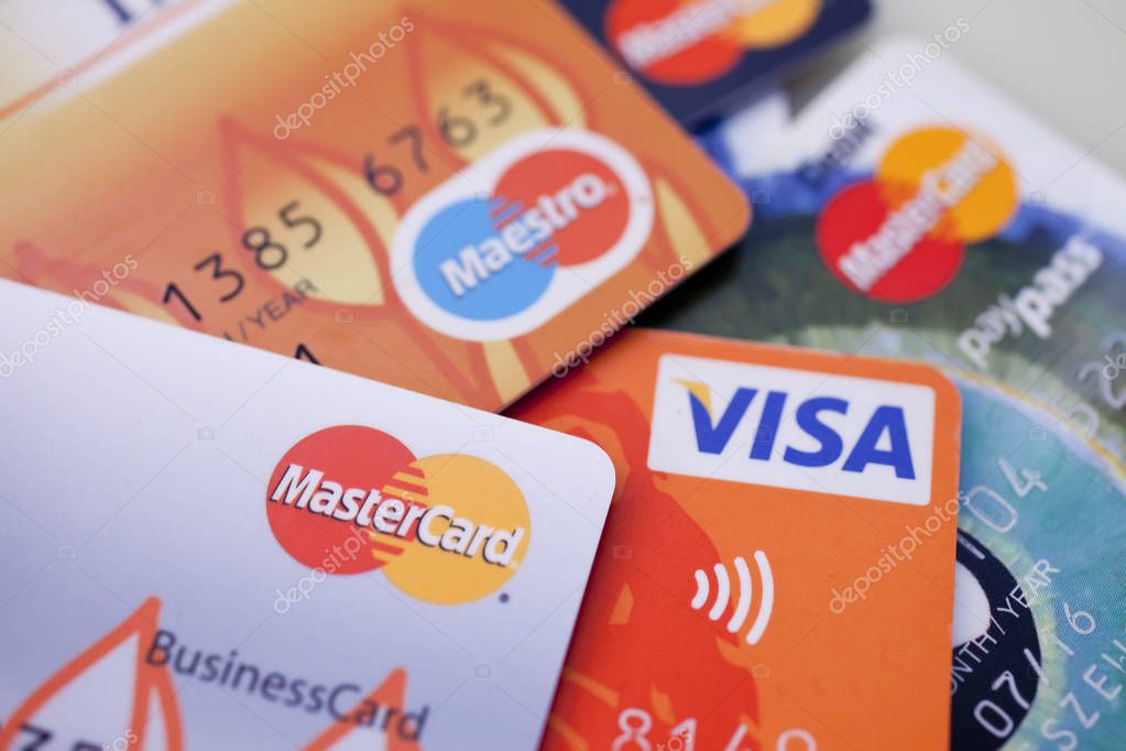 Warsaw, August 3, 2019,- close-up of a few paying cards on August 3, 2019 in Warsaw, Poland