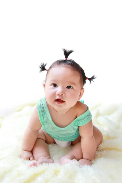 Baby Girl Light Blue Dress Laughed Happily Looked Left Isolated — Stock Photo, Image