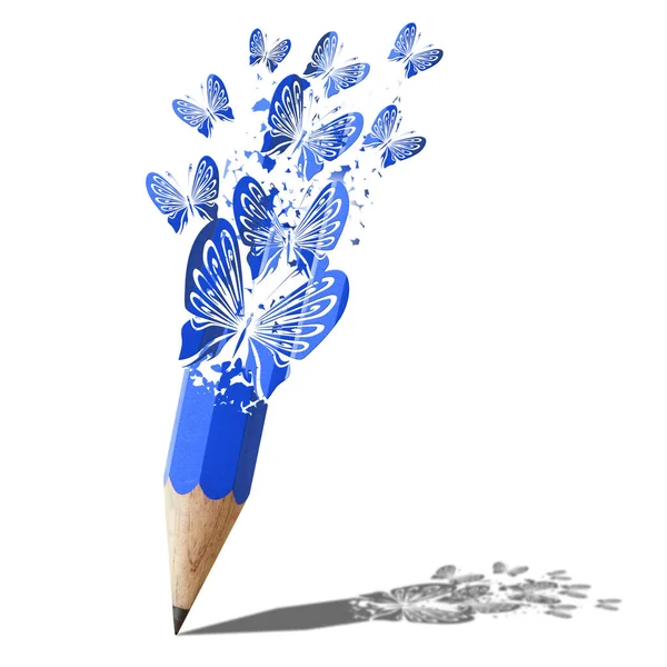 Art Butterfly Blue Pencil Isolated White — Stock Photo, Image