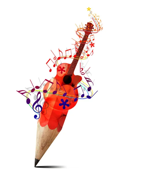 Beyaz arkaplanda izole edilmiş kırmızı akustik gitar nesnesine sahip yaratıcı kalem