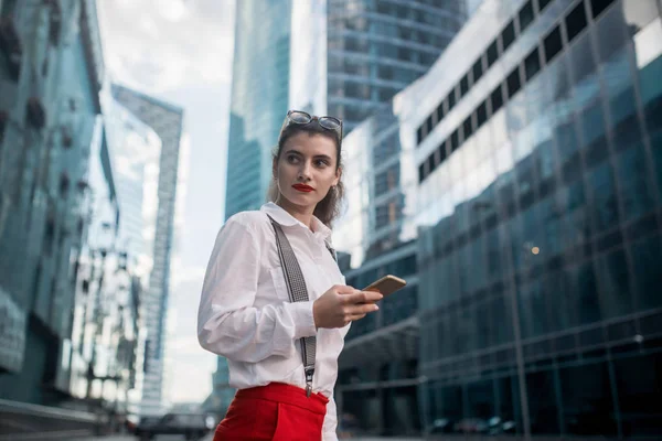 Business Woman With Phone Near Office