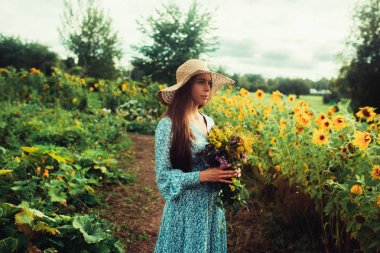 Ayçiçekleri arasında tarlada yürüyün