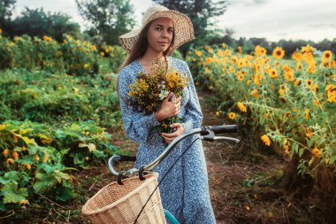 Ayçiçekleri arasında tarlada yürüyün