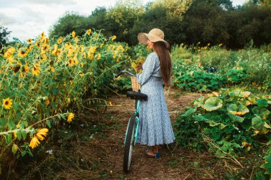 Ayçiçekleri arasında tarlada yürüyün