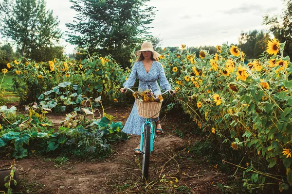 Ayçiçekleri arasında tarlada yürüyün