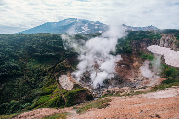 Kamchatka geysers in the mountains