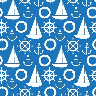 Yelkenli, lifebuoy, çapa, dümen. Seamless deniz modeli.