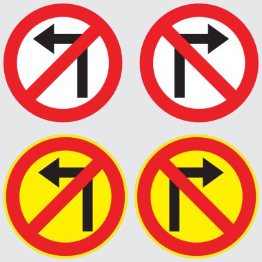 Yol işaretleri ile okları. Yasak, sola dönüş sağa dön yasak.