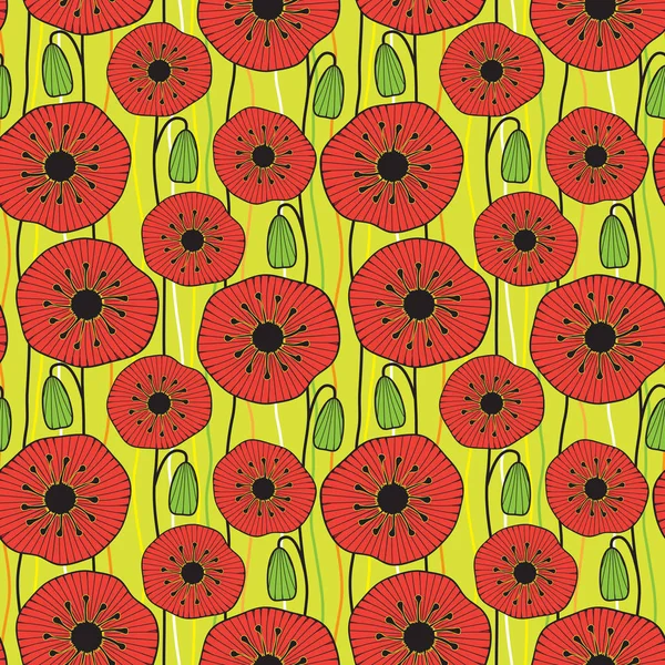 Patrón Sin Costuras Con Amapolas Rojas Fondo Floral Brillante — Vector de stock