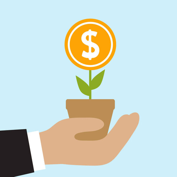 Hand with factory money. Investment concept. Flat design. Vector illustration.