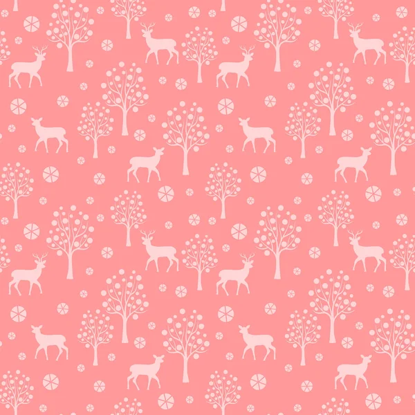 Deer Trees Snowflakes Seamless Winter Pattern Monochrome Texture — Stock Vector
