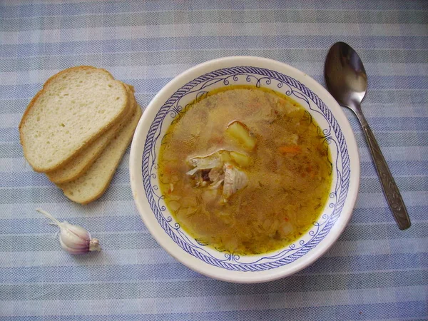 Cierre Plato Borsch Pan Ajo — Foto de Stock