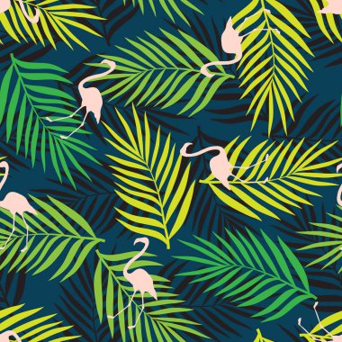 Flamingolar ve palmiye yaprakları. Dikişsiz tropikal arka plan.