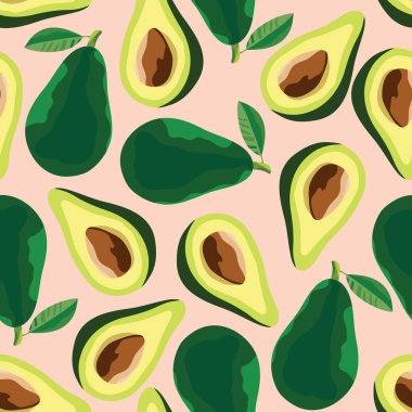 Avokado ile kusursuz desen. Yumuşak pembe arka planda olgun avokadolar..