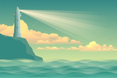 Deniz feneri ve dalgalı deniz pelerini. Deniz vektör illüstrasyonu.