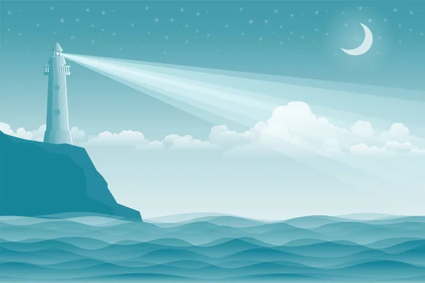 Морской Пейзаж Маяком Волнами Векторная Иллюстрация — стоковый вектор