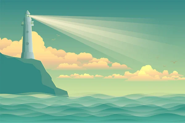 Deniz feneri ve dalgalı deniz pelerini. Deniz vektör illüstrasyonu.