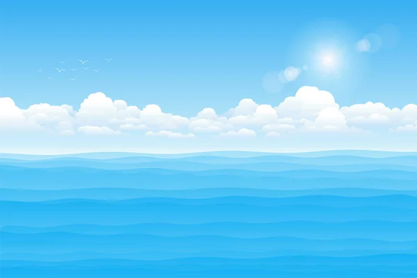 Tropikal deniz manzarası, bulutlu gün illüstrasyon yaz.