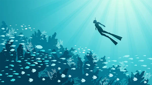 Подводный Фон Рыбами Морскими Растениями Коралловыми Рифами — стоковый вектор