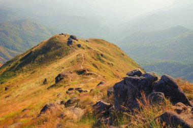 Akşam çimlerle dolu bir dağ manzarası