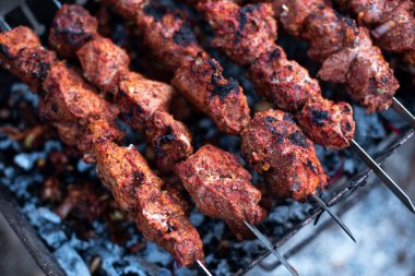 kavrulmuş et, ızgara üzerinde şiş soğan ile şiş